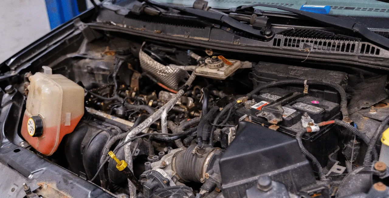 An engine bay with the hood up